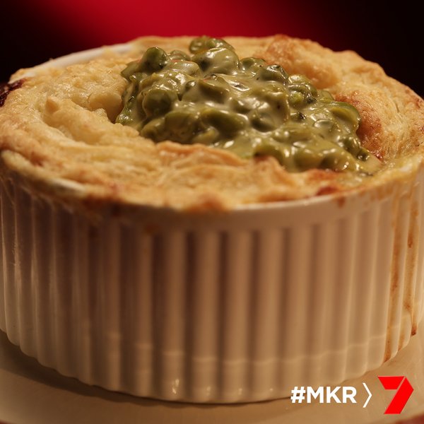 chicken leek and zuchini pie with mushy minty peas
