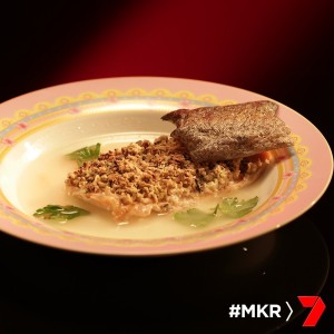 herb crusted rainbow trout in fish broth