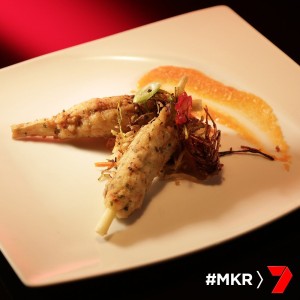 sugar cane prawns with green paw paw salad and sweet chilli and red paw paw dipping sauce