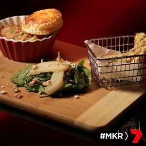 rabbit pie with spinach feta and stewed pear salad