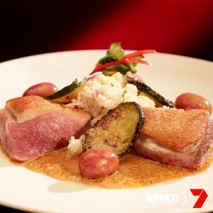 seared duck breast with a thai curry sauce pineapple fried rice
